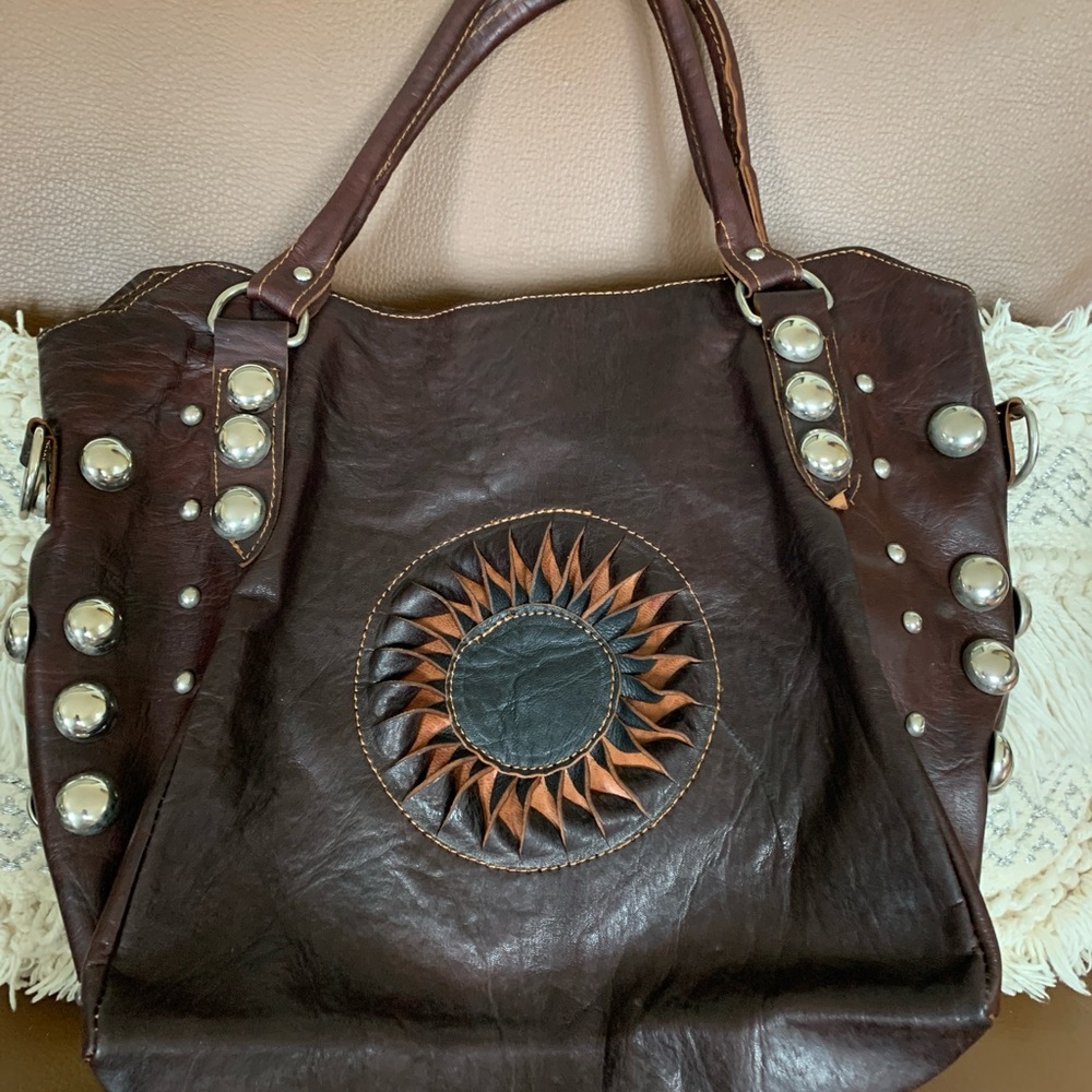 Brown Leather Tote with Sunburst Design - Made in Morocco hand died Never Used